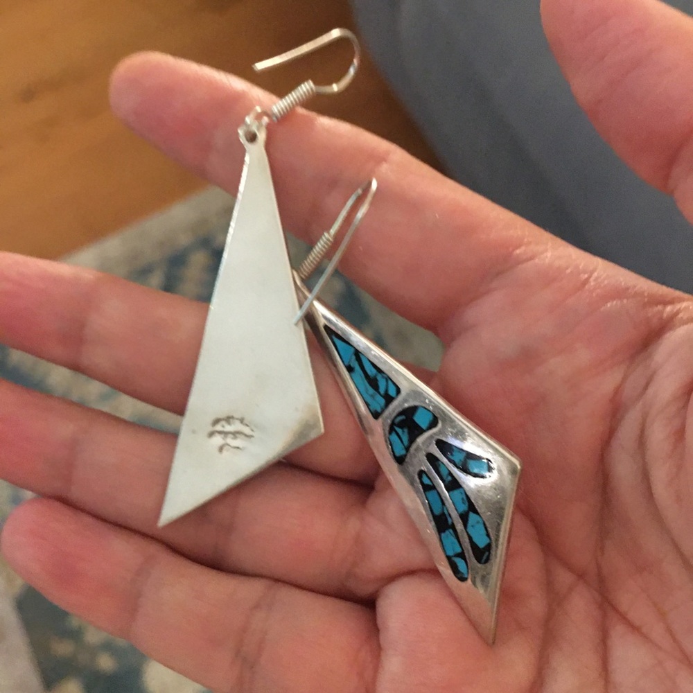 Inlay turquoise sterling silver earrings - Picture 3 of 6